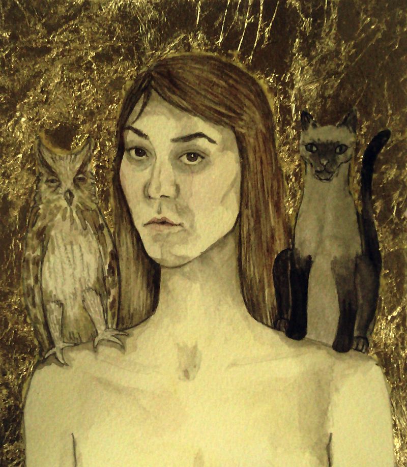 Autoportret sa ćukom i sijamskom mačkom, 2013., akvarel i pozlata na papiru