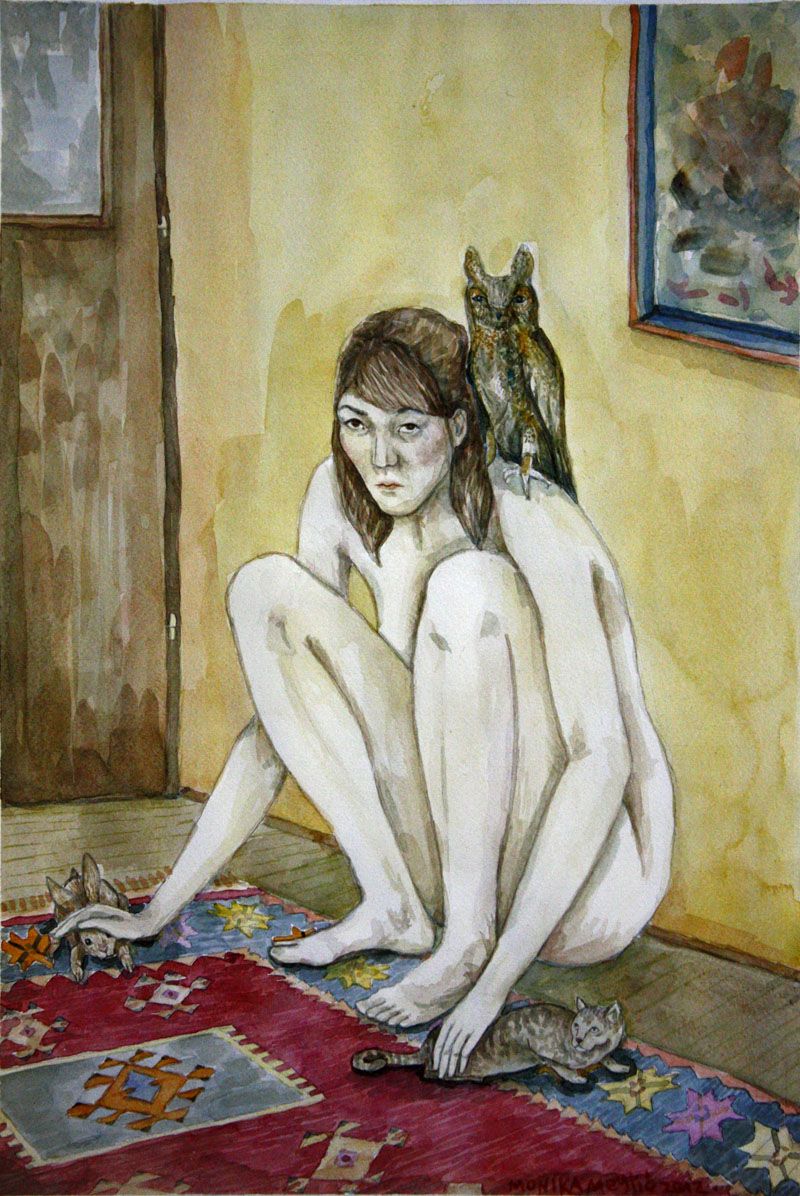 Autoportret sa ćukom, zecom i mačkom, 2012. 45,5x31cm