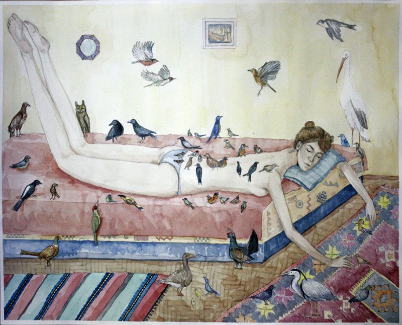 Monika Meglić, Ptice propovijedaju, 2012., akvarel na papiru, 45,5x61 cm
