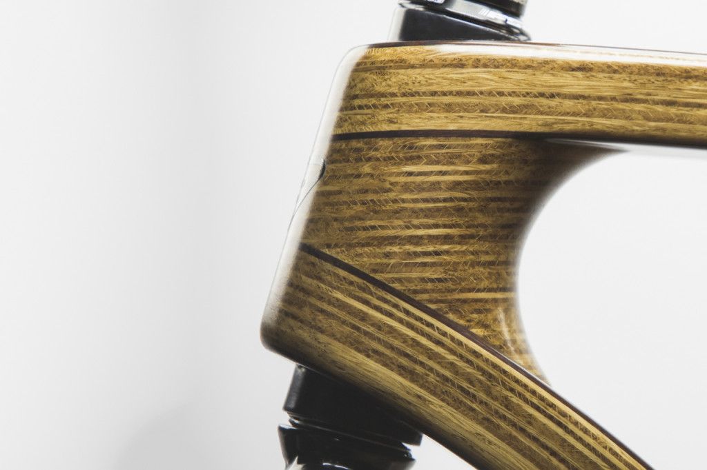 A headtube detail of the new Tratar Bikes wooden bicycle pictured in the studio